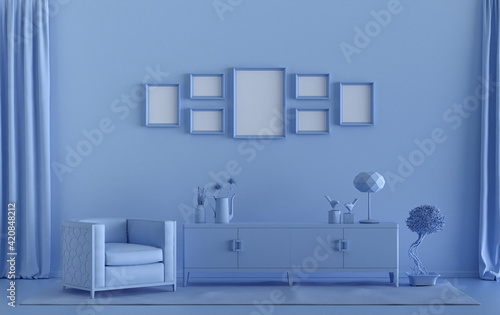 Mock-up poster gallery wall with 7 frames in solid pastel light blue room with furnitures and plants  3d Rendering