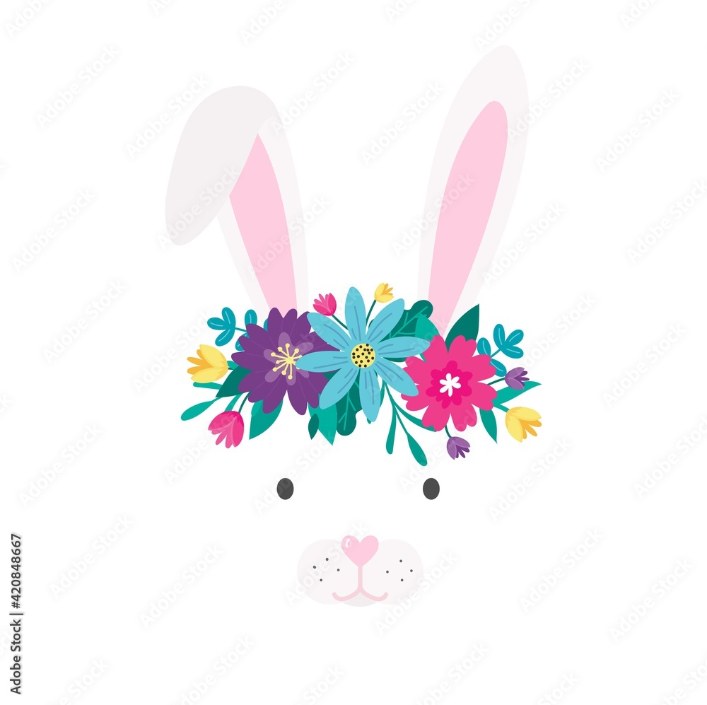Cute bunny head with floral wreath in cartoon style. Lovely rabbit with crown made of flowers vector illustration. Flat character for nursery, wallpaper, poster, print, baby shower or Birthday card.
