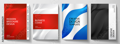 Modern cover design set.  Abstract wavy line pattern (guilloche curves) in red, blue, black, white color. Creative stripe vector layout for business background, certificate, brochure template, booklet