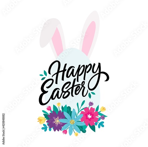 Happy Easter colorful design template with hand drawn bunny ears, flowers and lettering. Cartoon style spring holiday vector illustration. Easter day flat banner template with flowers, eggs and rabbit