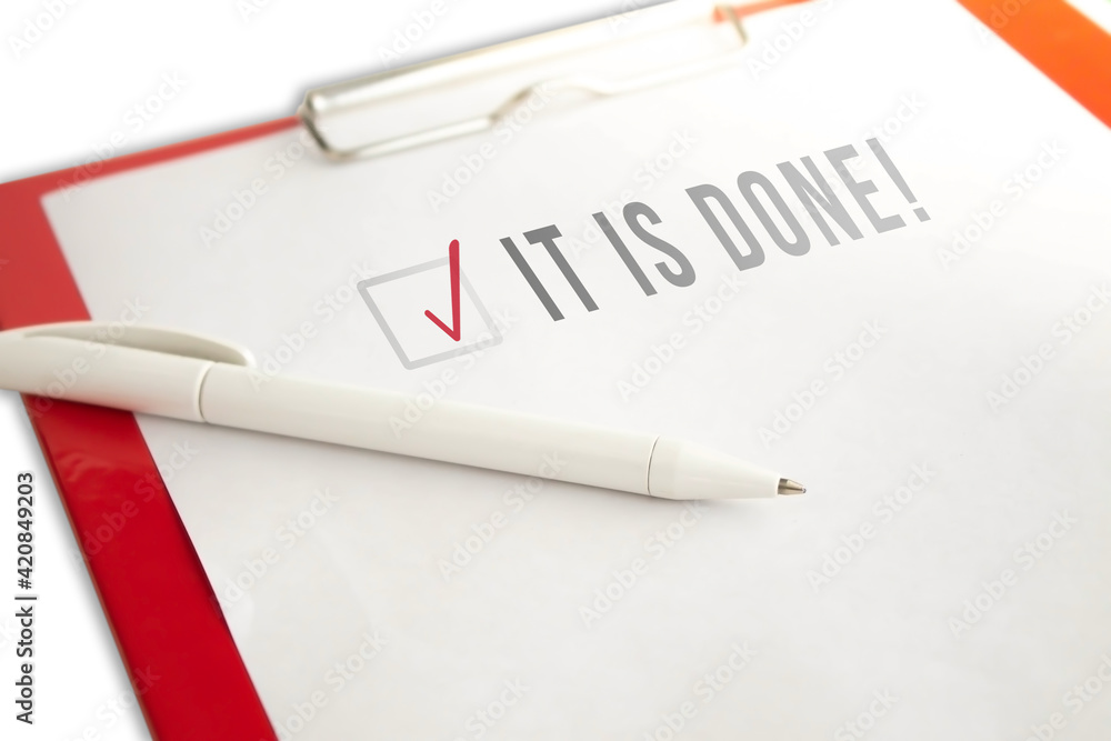 Writing in a notebook. It is done. Work completion mark. Checkmark - done. Writing in a notebook. It is done. Work completion mark. Checkmark - done.