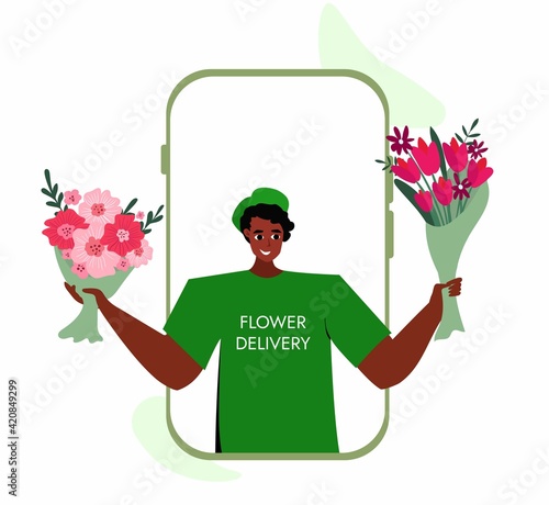 Receiving Blooming Plants in Wrapping from Man Courier Worker. Flower Bouquet Delivery Service Advertisement.