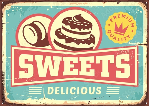Vintage sign post template for cakes and candies store. Bakery shop retro poster with delicious creamy cake and macaron drawing. Old confectionery store vector sign. 