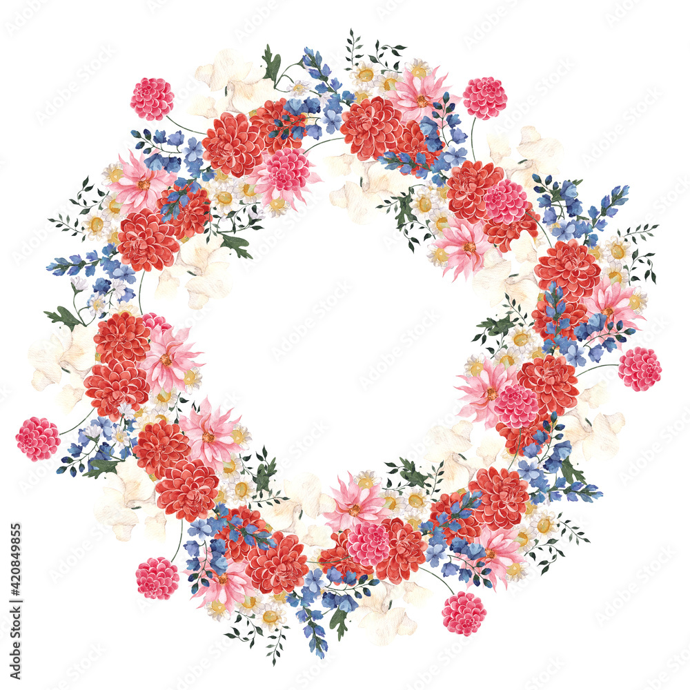 Watercolor wreath with meadow flowers, herbs, leaves, isolated on white background