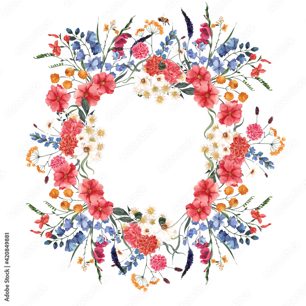 Watercolor wreath with meadow flowers, herbs, leaves, isolated on white background