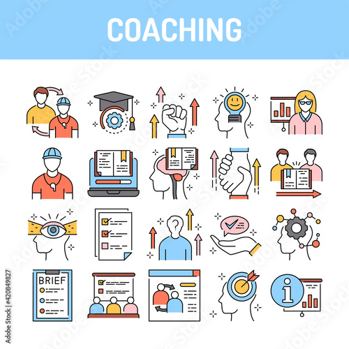 Coaching color line icons set. Signs for web page, mobile app, button