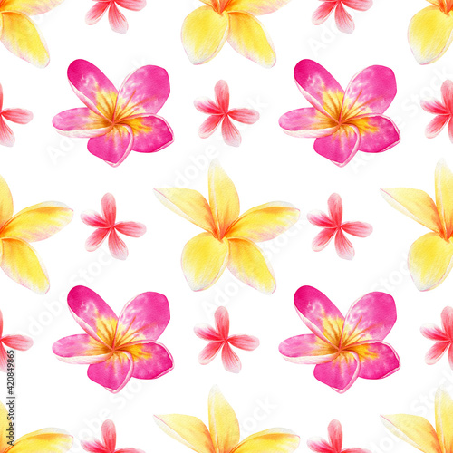 Tropical flowers pattern. Watercolor seamless floral pattern with bright Yellow  orange  pink multicolored tropical flowers