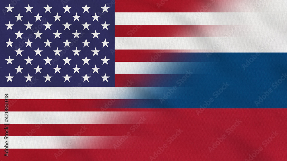 Naklejka premium USA and Russia Crumpled Fabric Flag. USA Flag. Russia Flag. North America. Europe Flags. Celebration. Flag Day. Patriots. Surface Texture. Background Fabric.