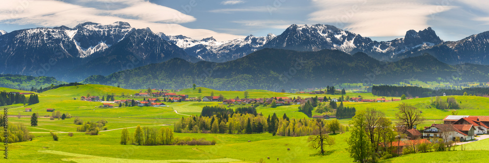 beautiful panoramic landscape in Bavaria, Germany, with alps mountain range