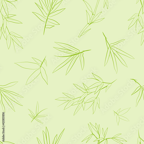 Fototapeta Naklejka Na Ścianę i Meble -  Seamless background with bamboo leaves and branches. Set of bamboo tree leaves. Hand drawn botanical collection. Drawing of parts of bamboo and sections of branches and leaves on a green background. 