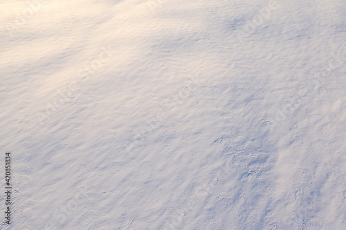 White fluffy snow, texture or background, top view.