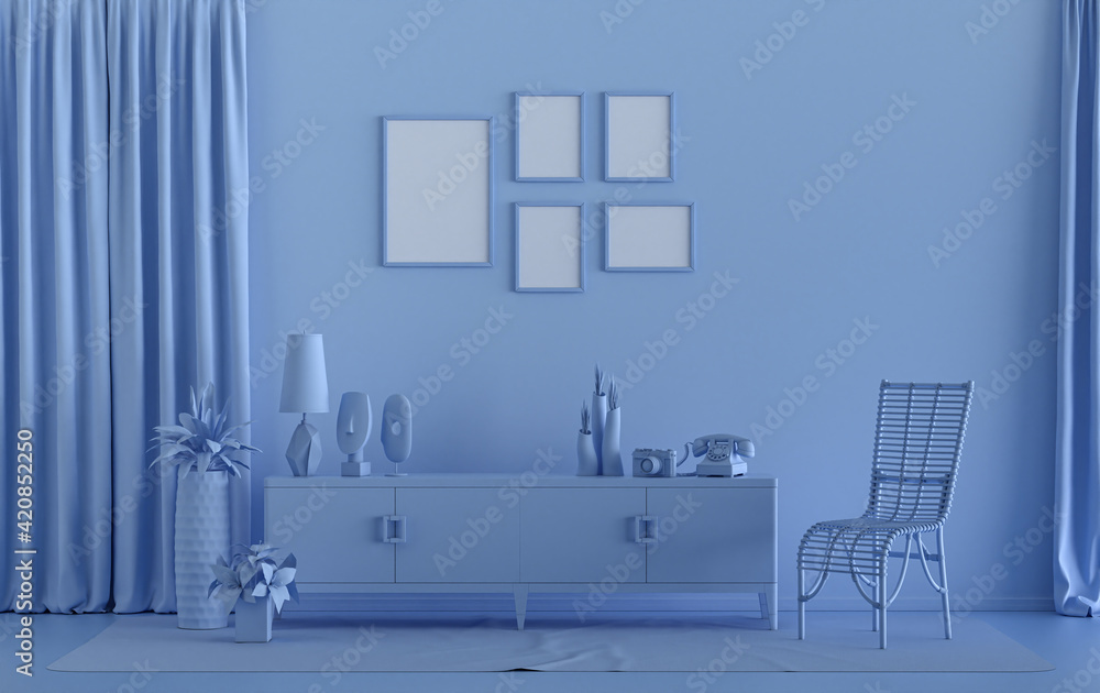 Flat color interior room for poster showcase with 5 frames  on the wall, monochrome light blue color gallery wall with furnitures and plants. 3D rendering