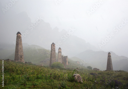 Niy tower complex in Ingushetia in summer rain