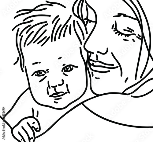 Mother and newborn baby. Mother's Day illustration. Mother hugs baby. White background. Line art. Outline style