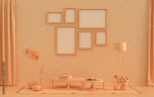 Poster frame background room in flat orange pinkish color with 6 frames on the wall, solid monochrome background for gallery wall mockup, 3d rendering