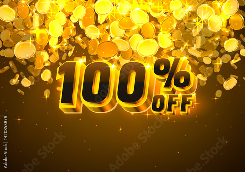 Sale 100 off banner, promotion discount flyer, Big win golden coins. Vector