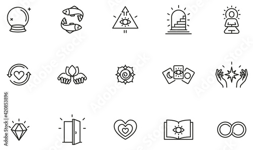 Vector Set of Linear Icons Related to Calm, Harmony, Magic, Occulture and Self-Knowledge. Mono Line Pictograms and Infographics Design Elements photo