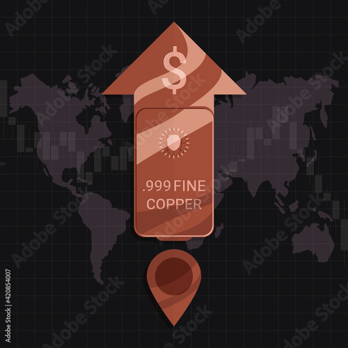 Copper market price rise up concept. Design by Cu metal bar and arrow up with jet engine and US dallar sign. copper value move up during world economic recession. Risk management hedge fund. Vector