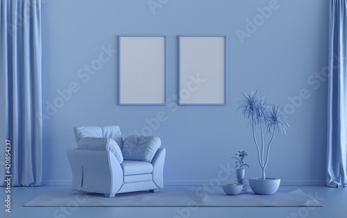 Double Frames Gallery Wall in light blue monochrome flat room with single chair and plants  3d Rendering