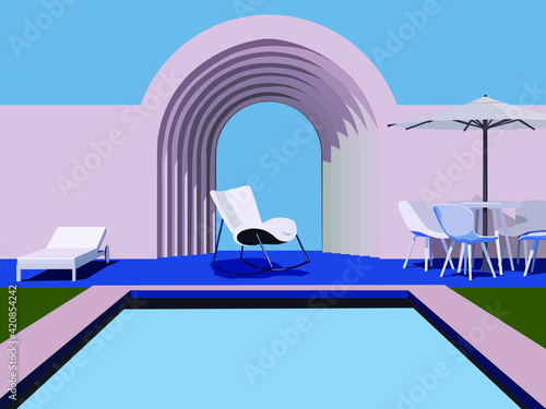 vector illustration depicting arch and pool and beach furniture