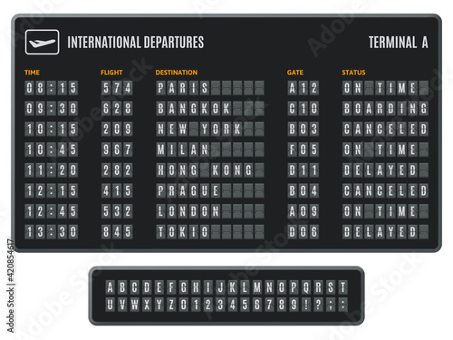Airport flip board. Departures information scoreboard, flipping arrival countdown. Scoreboard flip airport info display vector illustration set