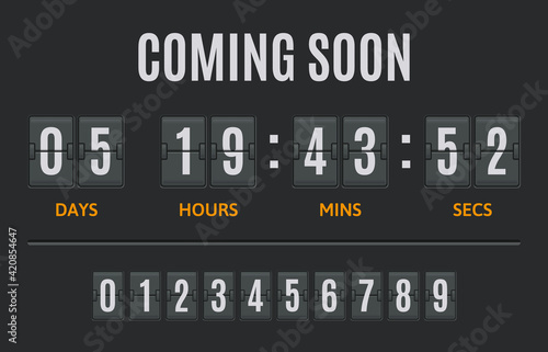 Countdown flip timer. Flip clock days, hours and minutes counter, flipclock counting display. Date timer retro display vector illustration set