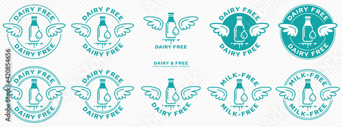 Conceptual stamps. Labeling - dairy free, milk free, no milk. The brand with the wings and the milk bottle and milk drop icon is a symbol of freedom from milk. Vector set	
