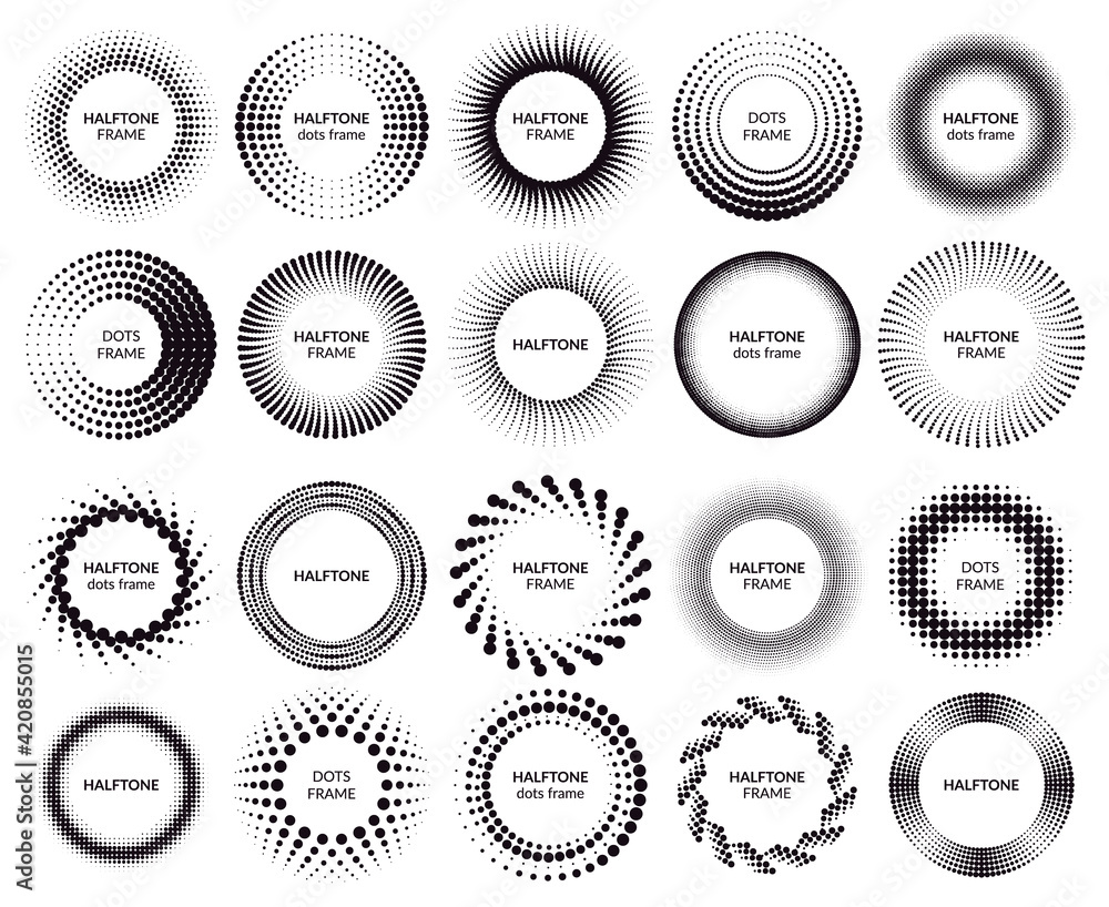 Circle dotted frames. Gradient halftone dots pattern shapes, dot spray gradation halftone frames. Halftone dotted labels vector illustration set Circle dotted frames. Gradient halftone dots pattern shapes, dot spray gradation halftone frames. Halftone dotted labels vector illustration set