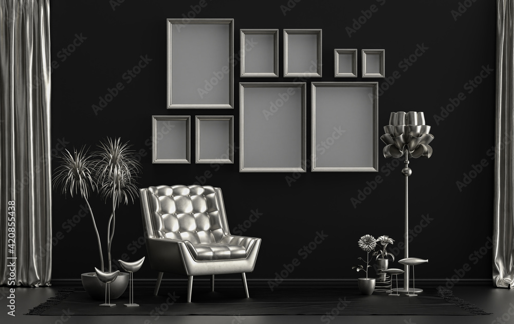 Fototapeta premium Modern interior flat black background and metallic silver color room with furnitures and plants, gallery wall template with 9 frames on the wall for poster presentation, 3d Rendering