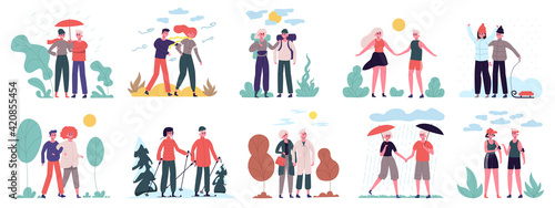 Different seasons. Couples walk at various weather, summer heat, winter snowfall and autumn rain. Couple seasonal activities vector illustration set