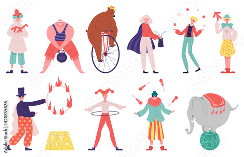 Circus artists. Juggler artist, acrobat, magician performer, strongman, clown and trained animals vector illustration set. Carnival circus performers