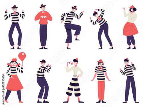 Mimes characters. Silent actors, pantomime and comedy performing, funny mimic poses. Male and female mimes characters vector illustration set photo