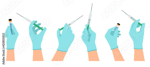 Medical vaccination. Doctor hands hold syringe and vaccine bottle, vaccination shot. Coronavirus or flu vaccination vector illustration set