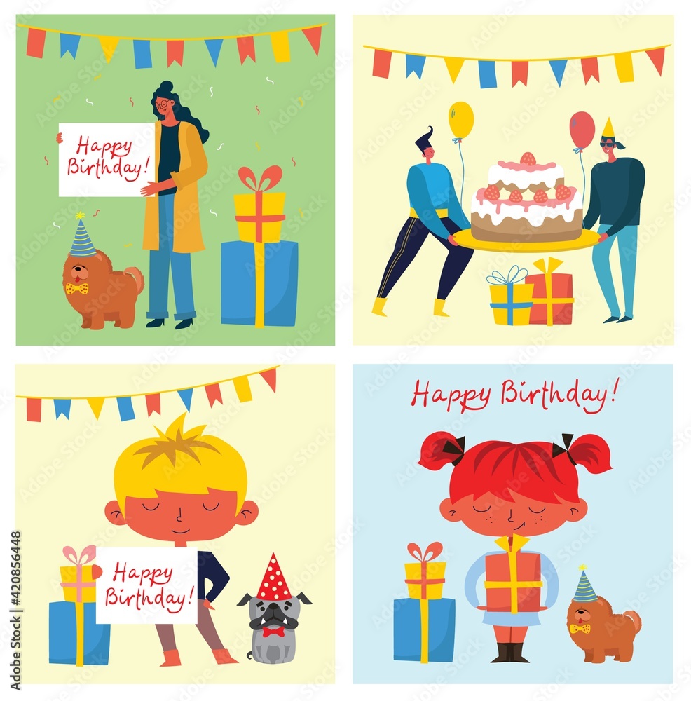 Happy birthday party background. Happy group of people celebrate on a bright background. Vector illustration Happy birthday party background. Happy group of people celebrate on a bright background. Vector illustration