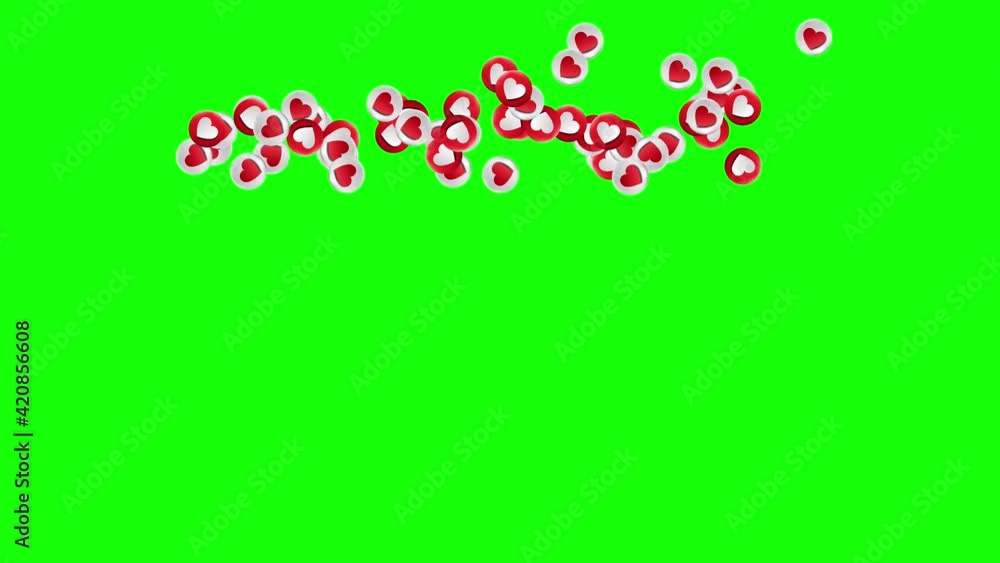Heart likes icons fly on live social media on green screen background. Template for video Heart likes icons fly on live social media on green screen background. Template for video