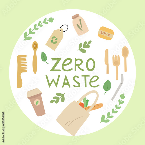 Zero waste stickers collection. 
Reasonable consumption. Vector illustration.