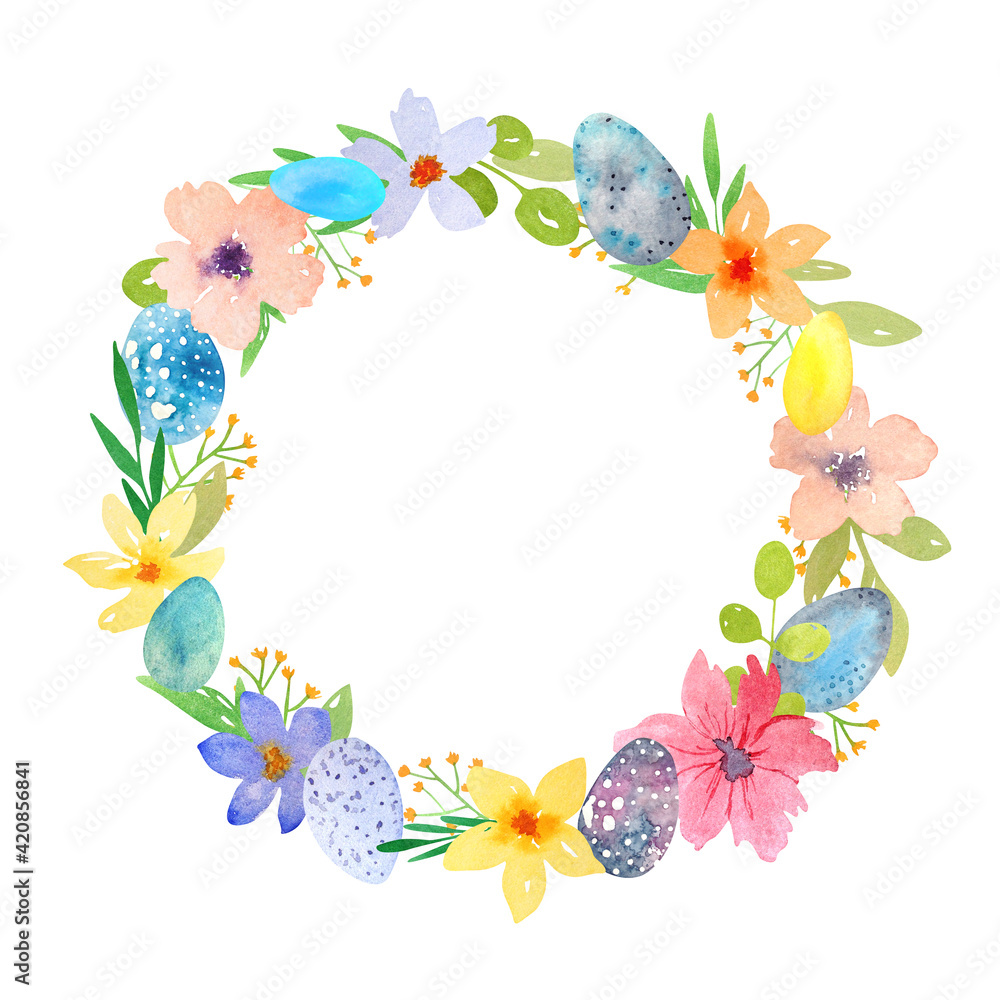 Watercolor Easter wreath of flowers and eggs isolated on a white background is suitable for invitations, cards, Easter decor, stationery and scrapbooking.
