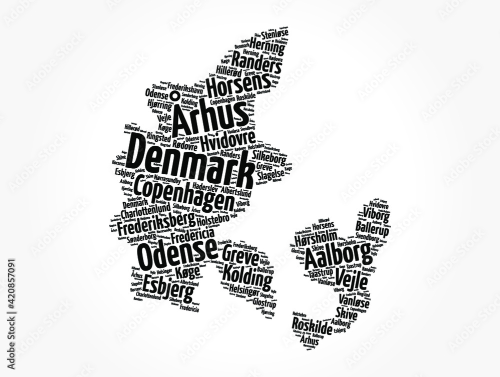 List of cities and towns in Denmark, map word cloud collage, business