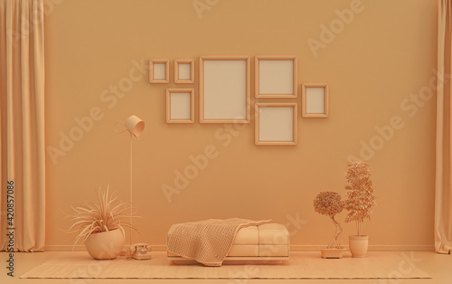 Minimalist living room interior in flat single pastel orange pinkish color with seven frames on the wall and furnitures and plants, in the room, 3d Rendering photo