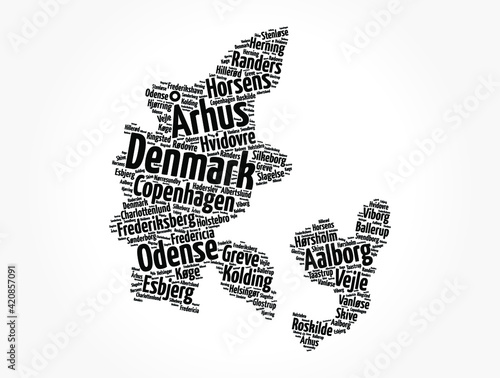 Fototapeta List of cities and towns in Denmark, map word cloud collage, business and travel