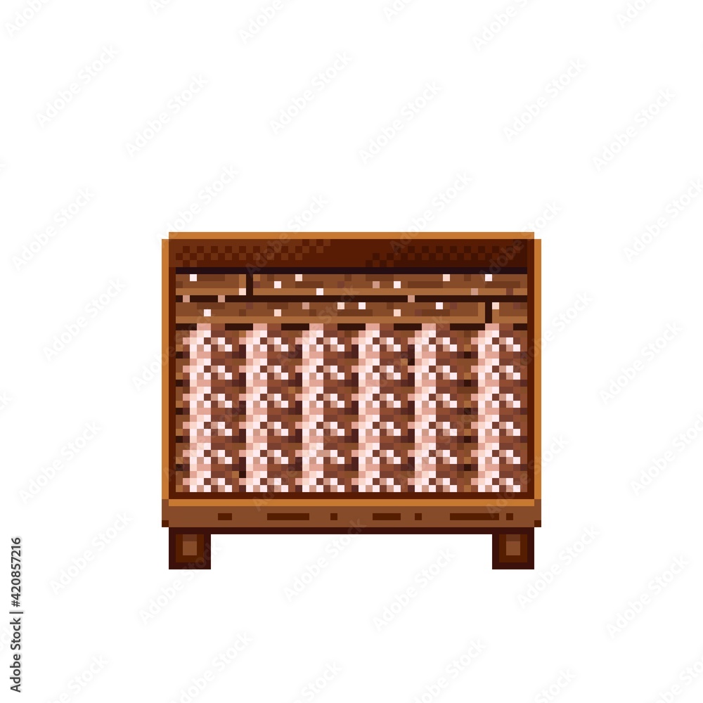 Vegetable shop pixel art. Mushrooms in a wooden crate. Mushrooms, food pixel art icon isolated on white background. Mushroom stall. Showcase with vegetable waste. Vector illustration. Vegetable shop pixel art. Mushrooms in a wooden crate. Mushrooms, food pixel art icon isolated on white background. Mushroom stall. Showcase with vegetable waste. Vector illustration.