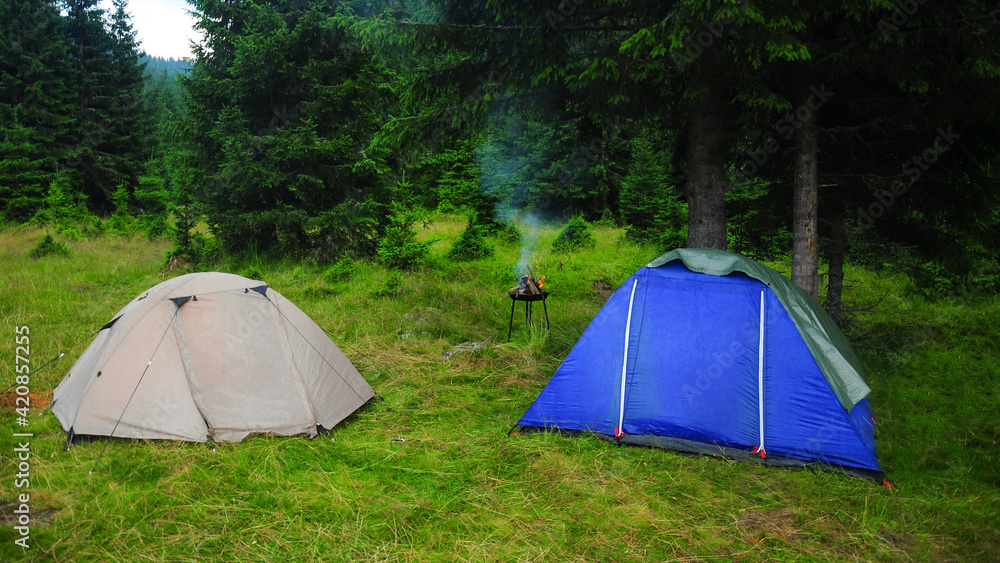 Two tents in a campsite on a meadow in Lotru Mountains. The meadow is surrounded by spruce and fir forests. A fire is burning in a grill, in the background.