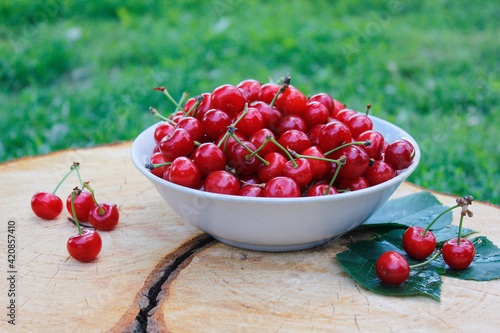 Red cherries in a plate on a tree stump with a crack and tree rings texture. Fresh summer harvest.