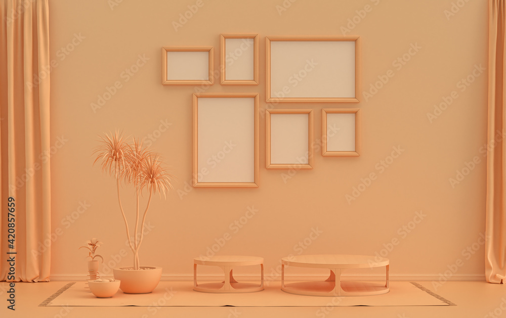 Poster frame background room in flat orange pinkish color with 6 frames on the wall, solid monochrome background for gallery wall mockup, 3d rendering Poster frame background room in flat orange pinkish color with 6 frames on the wall, solid monochrome background for gallery wall mockup, 3d rendering