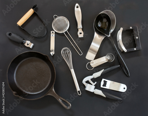 Black and Silver Kitchenware on Black Background