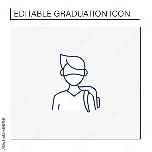 Freshman line icon. First-year student. Young man ready for studying. Professional development. Graduation concept.Isolated vector illustration.Editable stroke