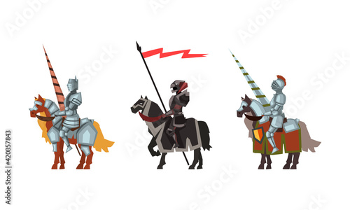 Armored Medieval Knight or Cavalryman Sitting on Horseback Holding Lance Vector Set