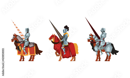 Armored Medieval Knight or Cavalryman Sitting on Horseback Holding Lance Vector Set