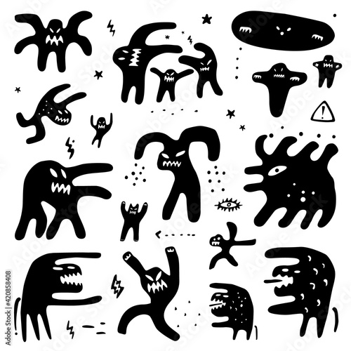 monsters microbes graphic doodle set, vector illustration