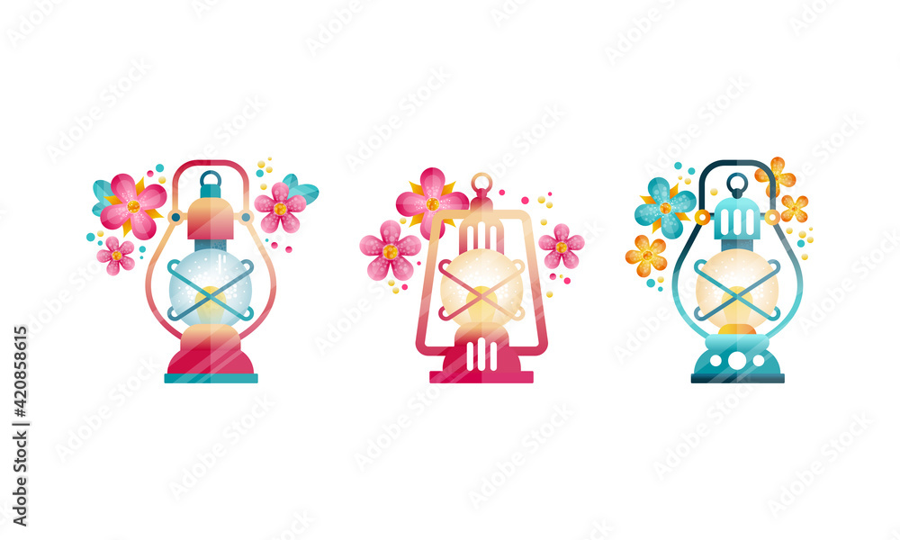 Lantern with Glowing Light Inside and Floral Elements Around Vector Set